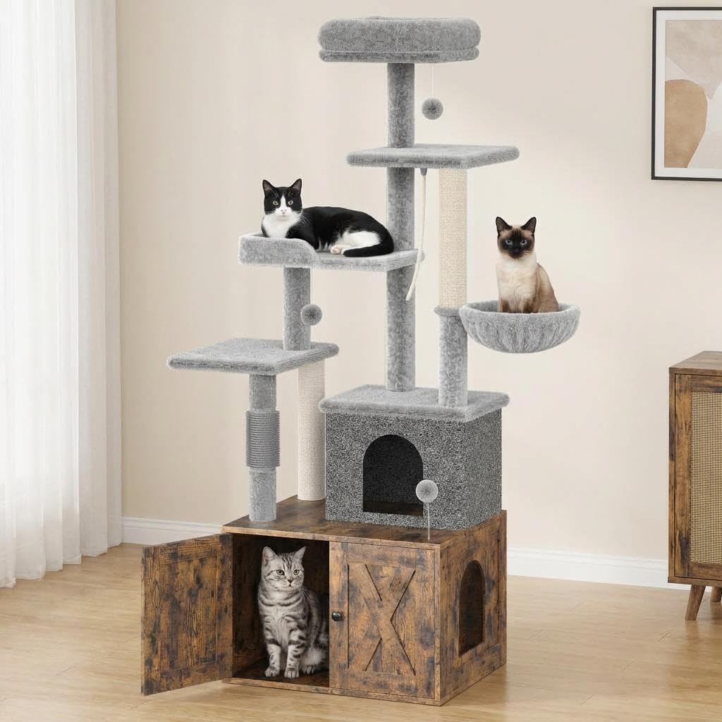 Litter Box Enclosure Cat Tree, Tall Cat Tower for Indoor Cats, All-in-One Modern Cat Condo, Hidden Litter Box Enclosure Furniture, with Cat House, Sisal Posts, Greige and White 140Cm