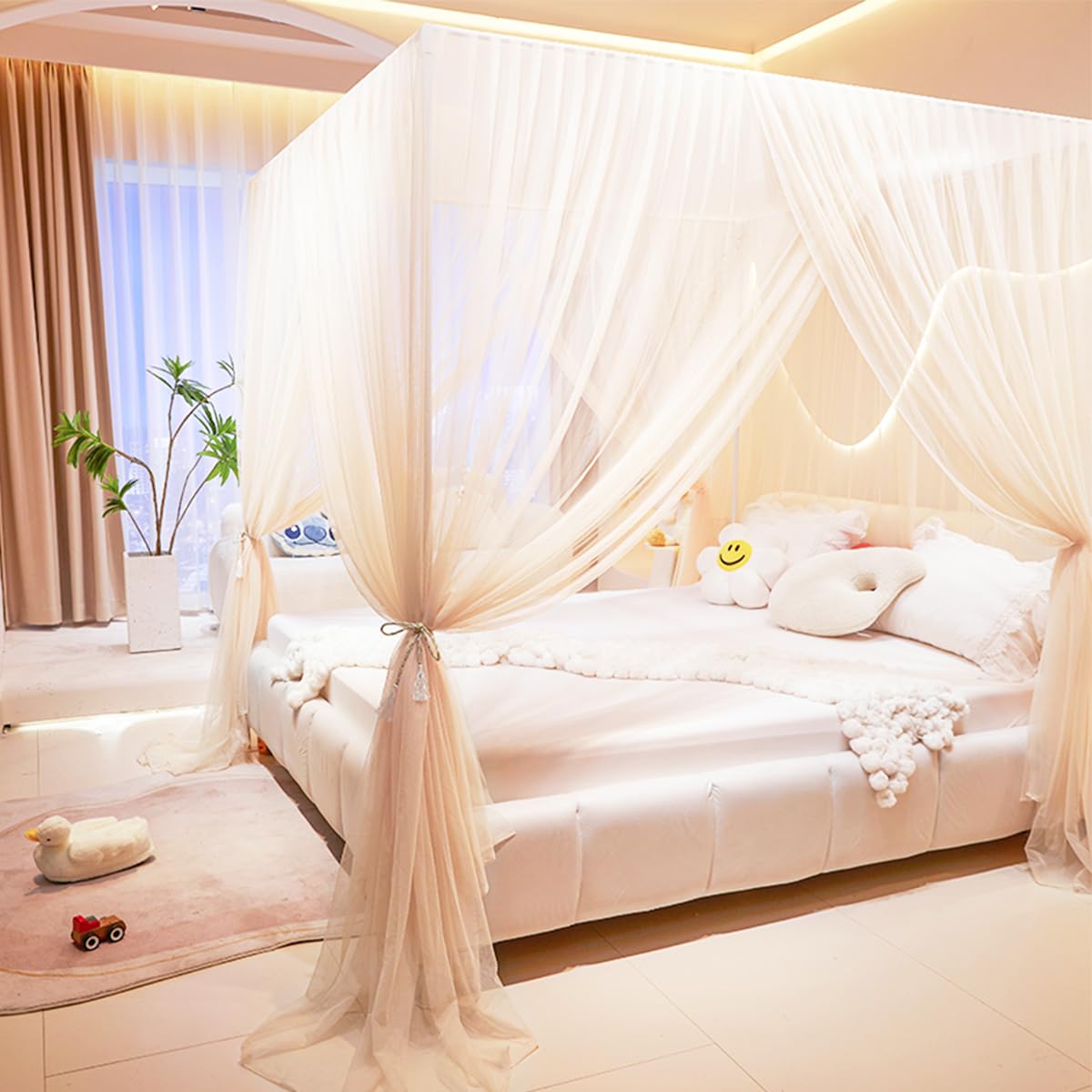 Akiky Prinzessinnen-Betthimmel, 4 Ecken, Moskitonetz, gemütliches Drapiernetz, 4 Öffnungen, Betthimmel-Vorhang für Mädchen, Bett, Jungen, Erwachsene (Queen, Beige)