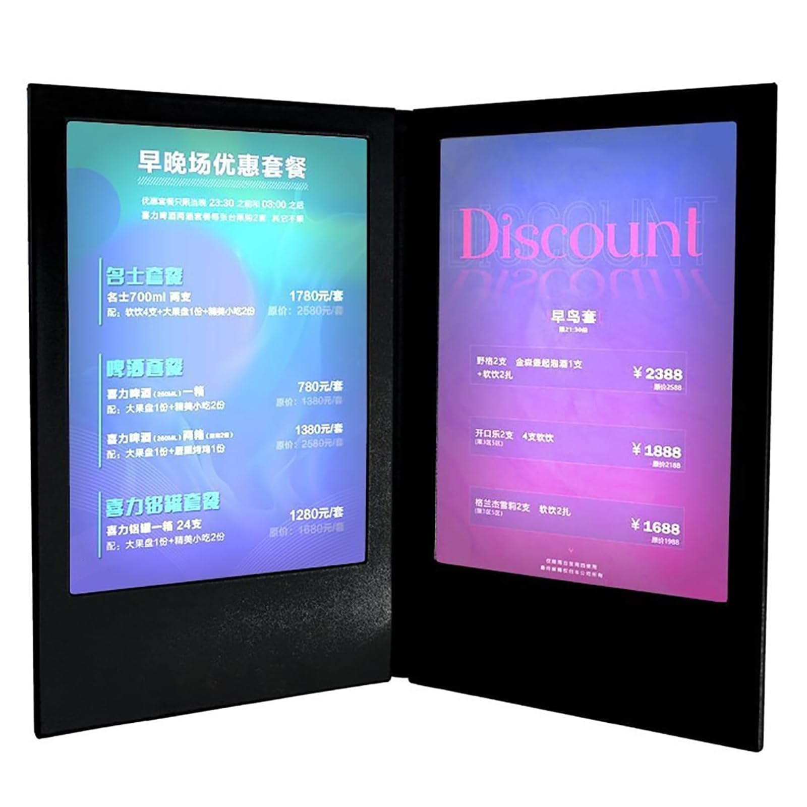 Cubierta de menú iluminada LED, soporte de menú retroiluminado recargable, carpeta de menú de doble página con ribete de cuero para restaurante, bar, cafetería y hotel
