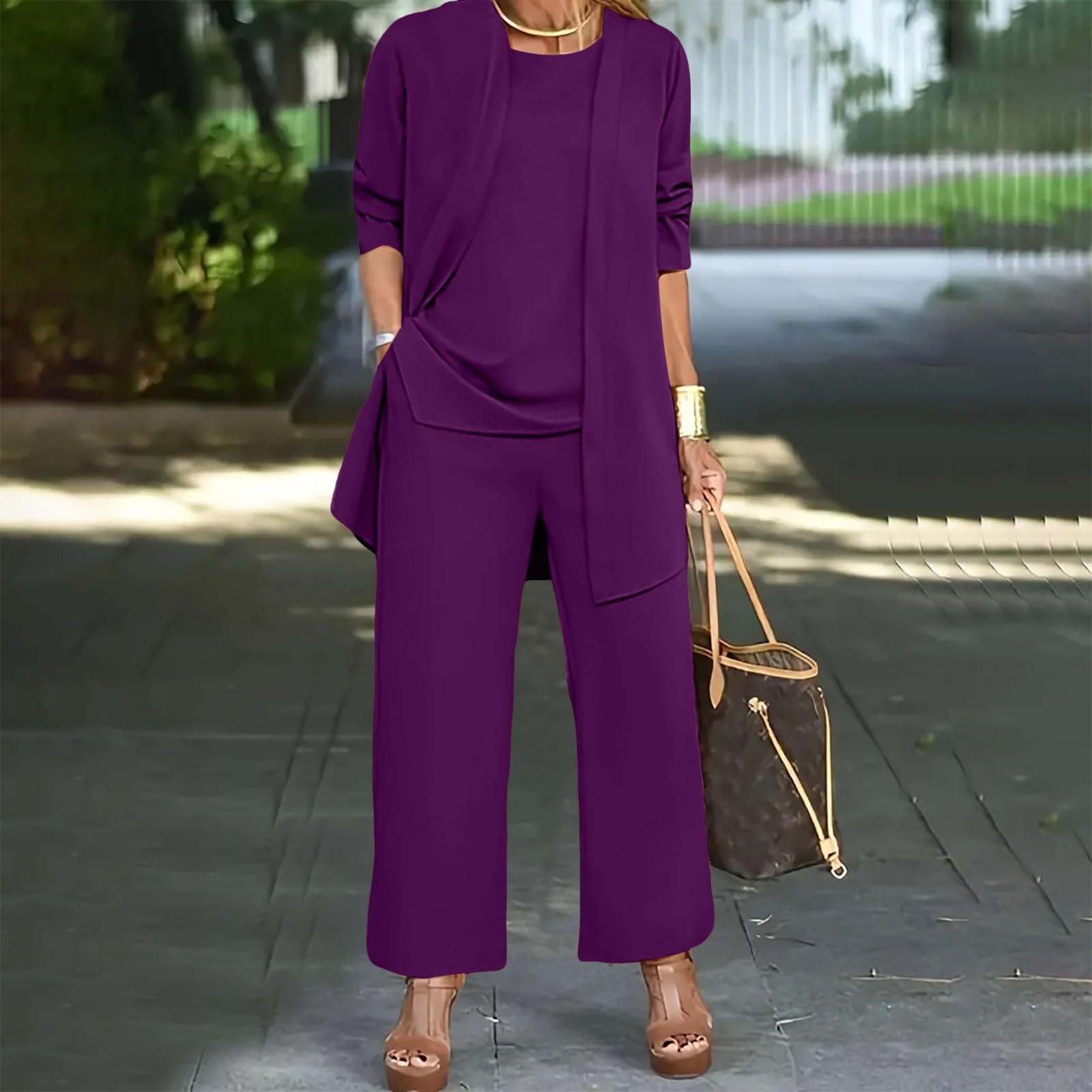 Conjuntos de Trajes de 3 Piezas de Gasa para Mujer Trajes de pantalón de Pierna Ancha Formales sólidos Trajes de pantalón Elegantes para Invitados de Boda