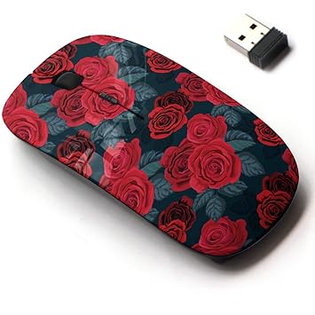 2.4G Wireless Mouse with Cute Pattern Design for All Laptops and Desktops with Nano Receiver - red Rose seamlees Retro