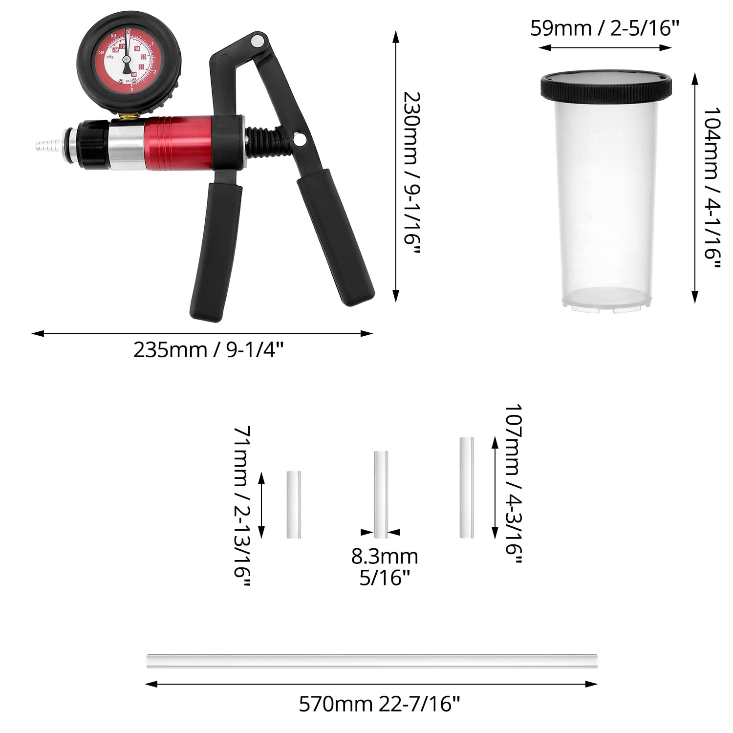 QWORK® Kit di spurgo Freni con Pompa a Vuoto, manometro e e adattatori universali - per Auto, Camion e Moto