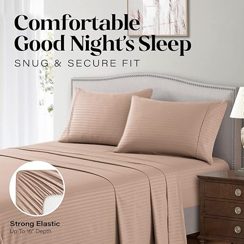 Vista 5 de Juego de sábanas Queen - Juego de 4 piezas de sábanas de tamaño Queen a rayas - Juego de sábanas Queen de bolsillo profundo suave y refrescante