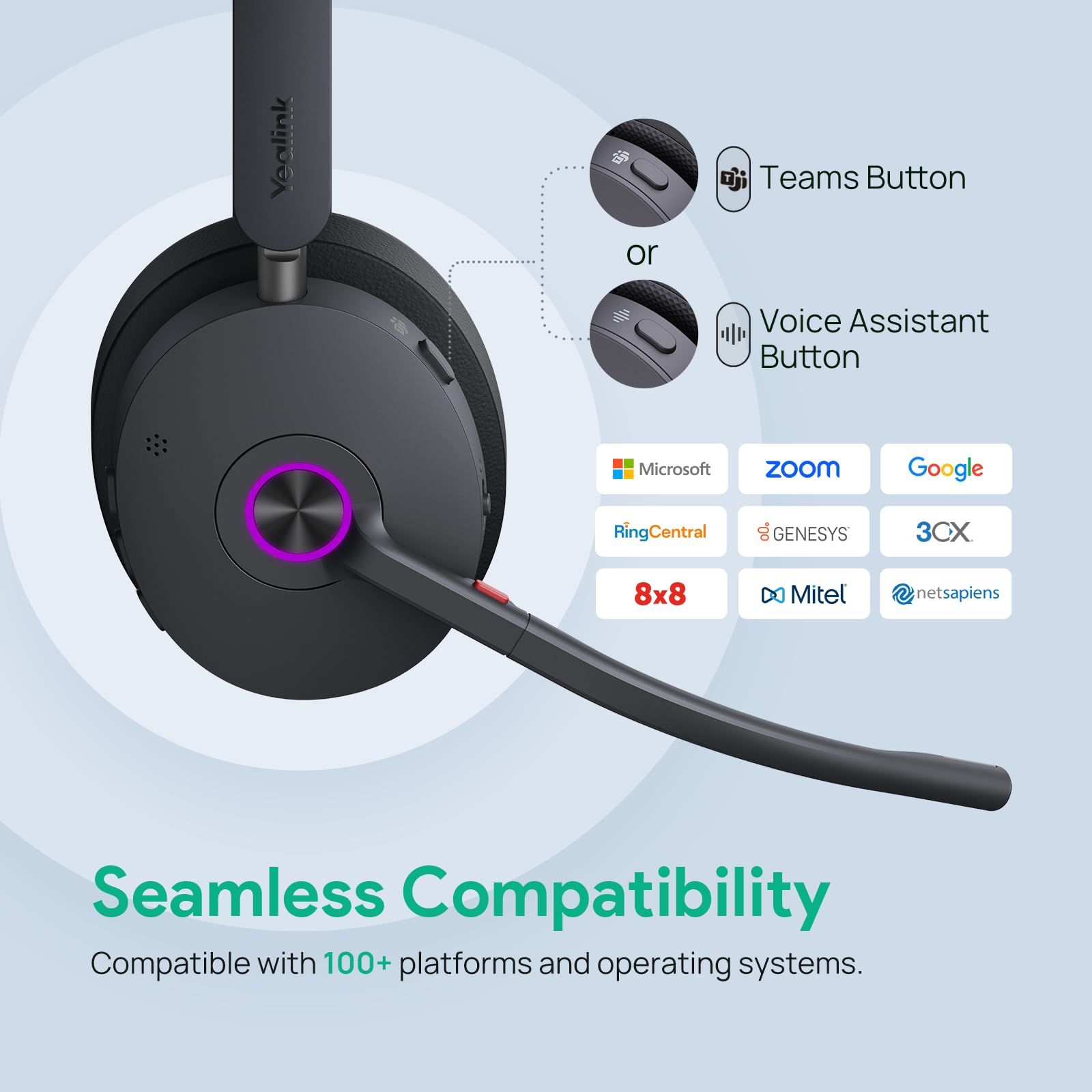 Yealink WH68 ANC DECT Kabelloses Headset mit Mikrofon, 4X AI-Mic mit Geräuschunterdrückung, 185m Reichweite, 32H Gesprächszeit, On-Ear-Headsets, Teams-zertifizierte Kopfhörer Kabellos für die Arbeit
