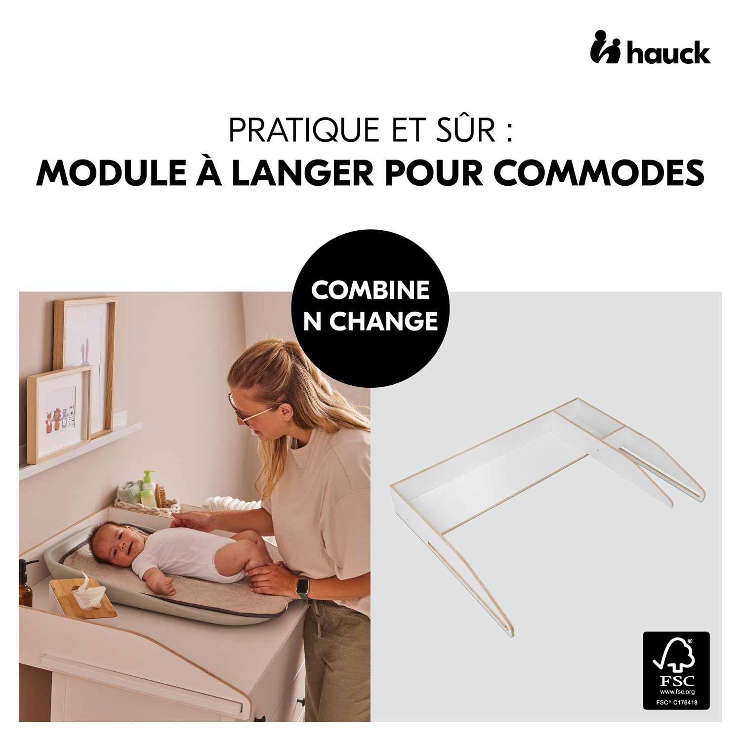 hauck Plan a Langer Pour Commode 108x50 cm Combine N Change, (Compatible par ex. IKEA Hemnes) - Espace De Rangement 104x78x15 cm, Bois certifié FSC®, Montage Sécurisé et Pratique