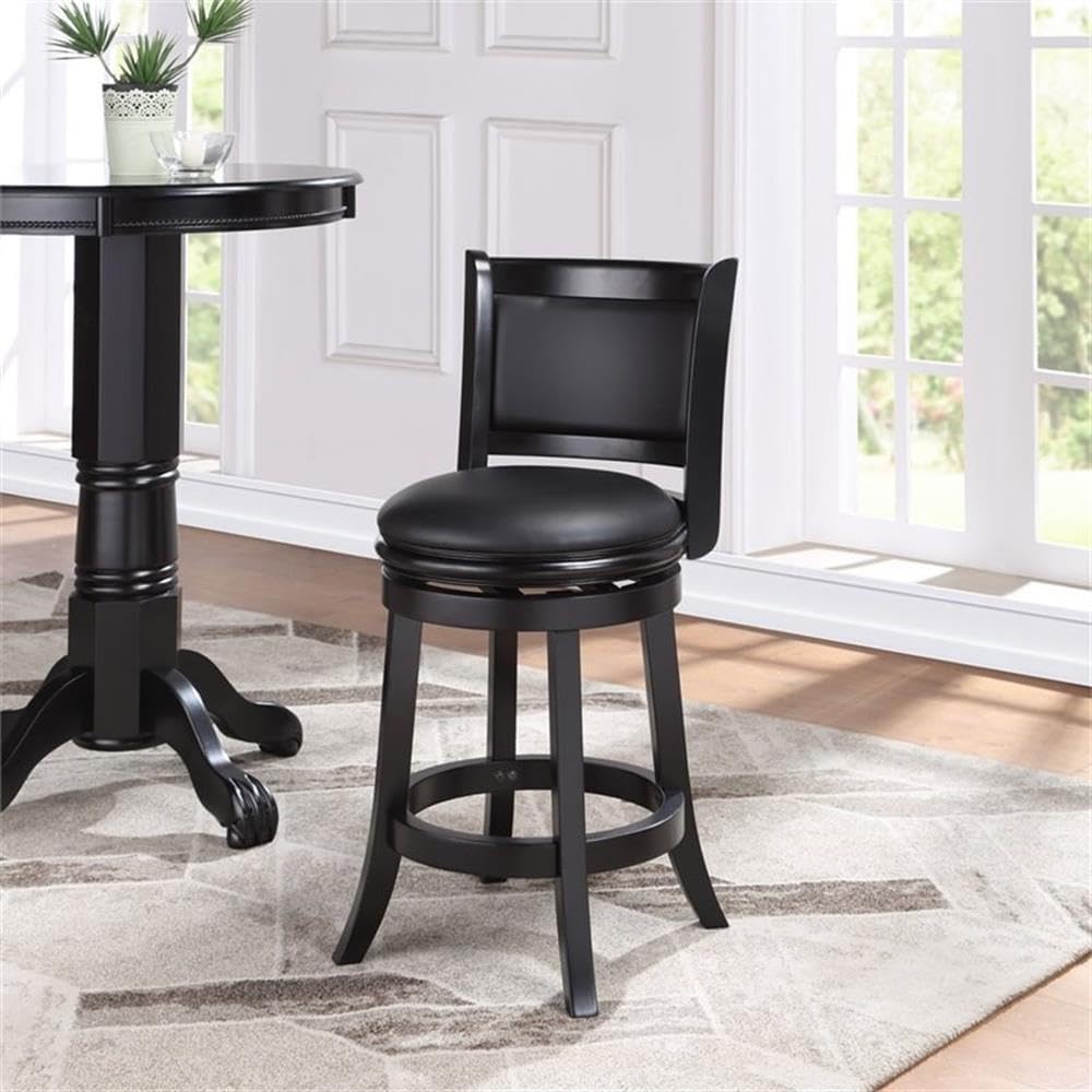 BOWERY HILL 26.25" Swivel Counter Stool, Solid Hardwood Frame, Faux Leather Seat, Black Finish, High-Density Foam Cushion, Round 17" Seat, Footrest, Contemporary Style for Kitchen or Dining Room