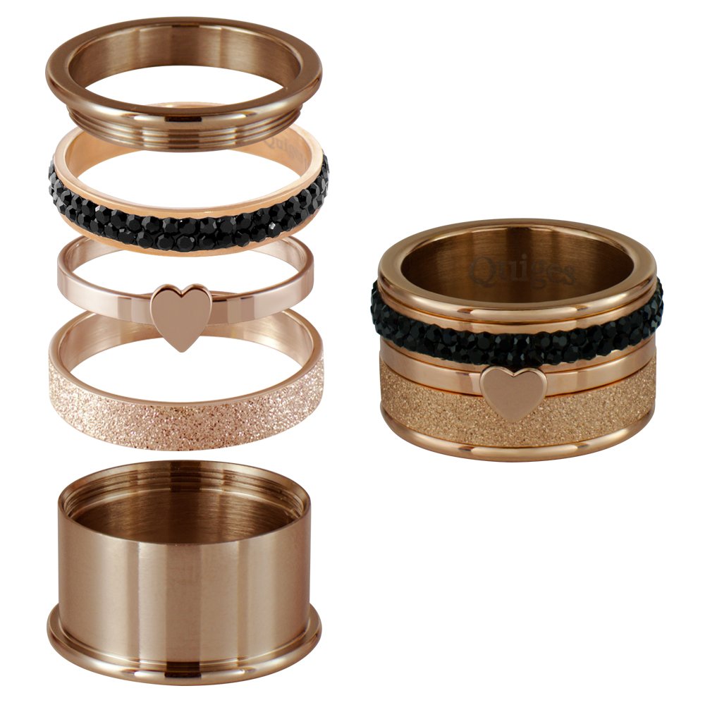 Quiges – Combinazione base anello anello in oro rosa con 3 pila anelli in acciaio INOX con zirconi neri set # 4, acciaio inossidabile, 61 (19.4), colore: Multi, cod. SRS00419