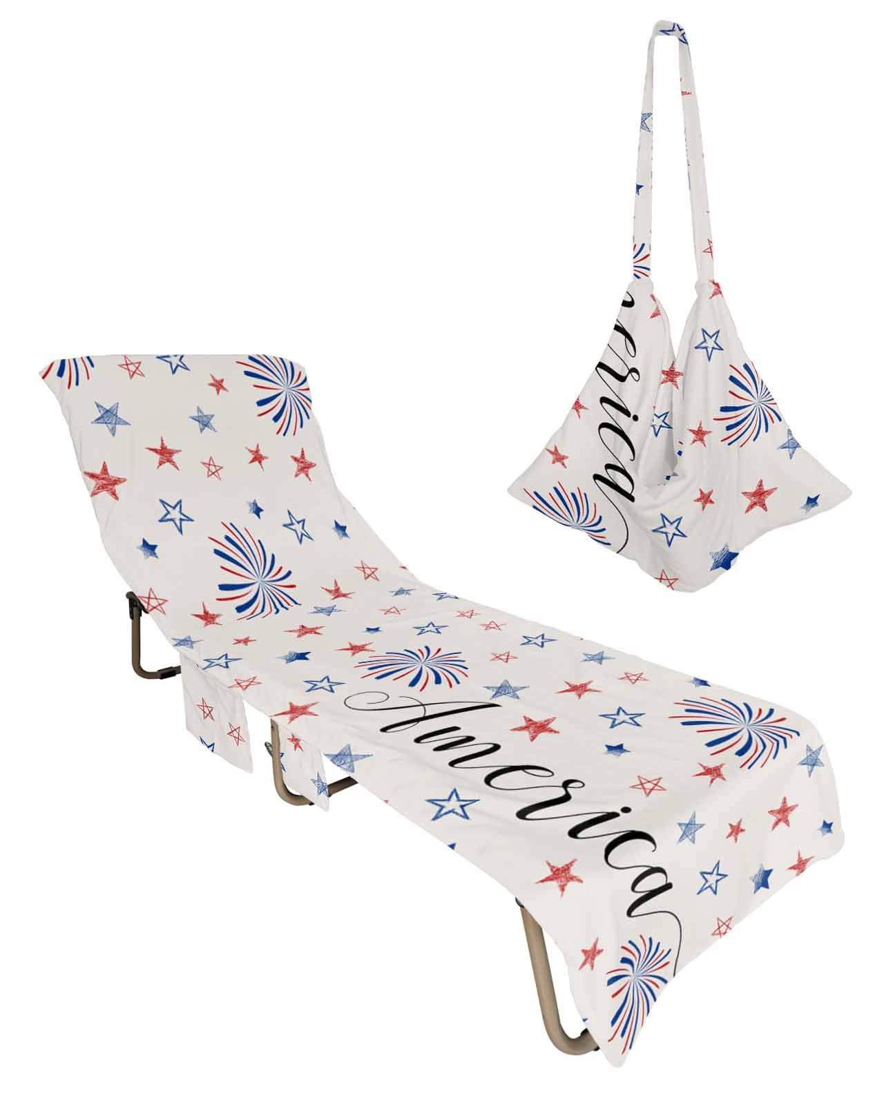 4th of July Beach Lounge Chair Towel Cover, Soft Chaise Lounge Towel with Side Pockets Patio Pool Chairs Cover for Beach/Pool Sunbathing 29x85 Blue Red Star Fireworks Independence Day