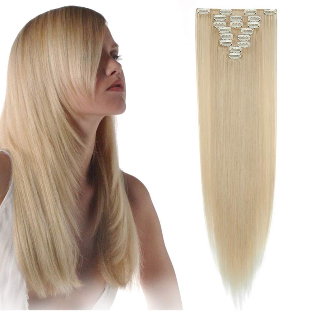 23"(58cm) SEGO Extensiones de Clip Pelo Sintético Se Ve Natural 8PCS [Arena Oscura mezcla Rubio Claro] Cabello Liso Largo Postizos Pelucas para Mujer (140g) — view 13