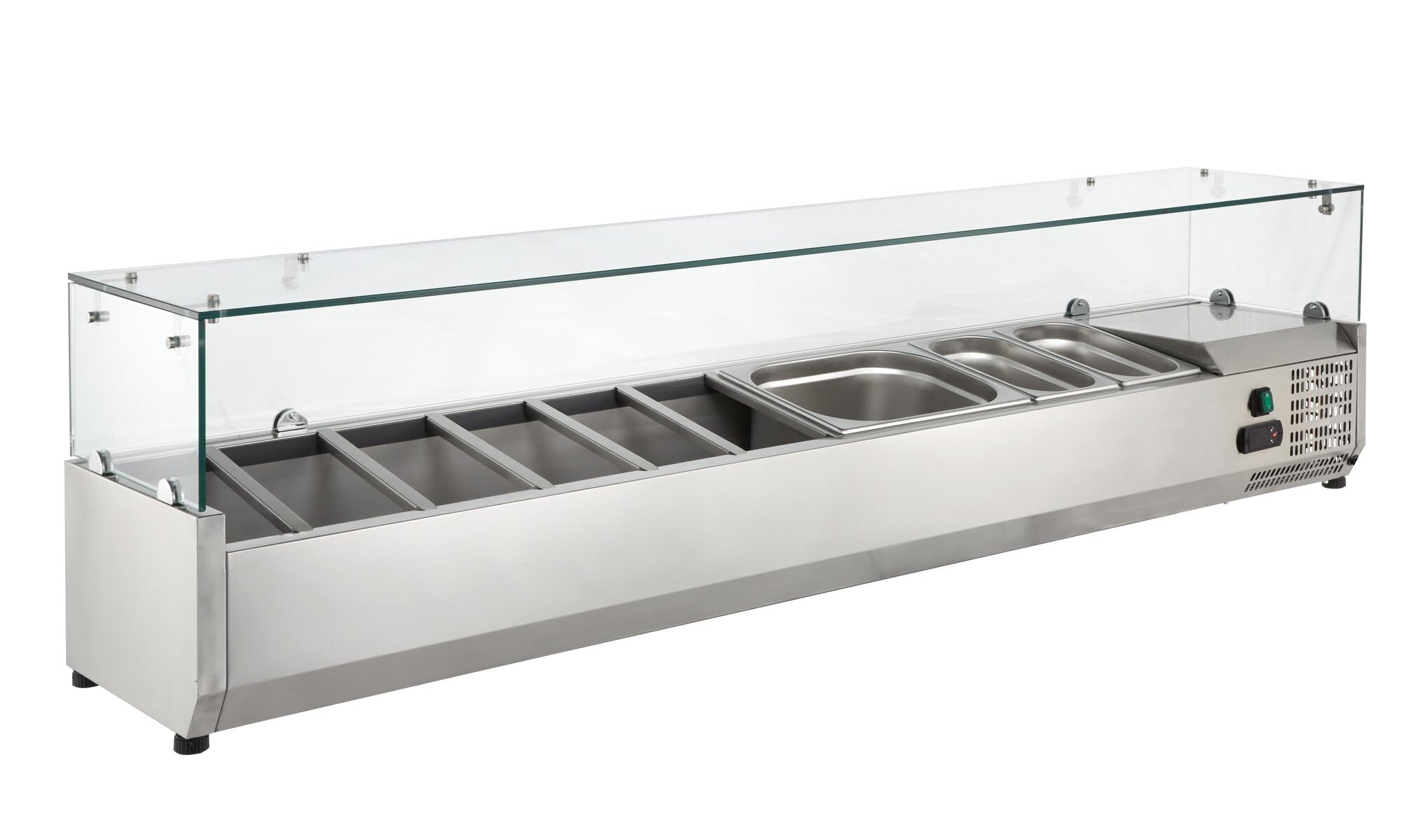 GastroHero Kühlaufsatz 8 x GN 1/4 mit Glasaufsatz, Edelstahl VRXH1600/330 | Kühlaufsatzvitrine 160 x 33 x 42 cm, digitales Thermostat, inklusive 5 Zwischenstege, mit statischer Kühlung 2 bis +8 °C
