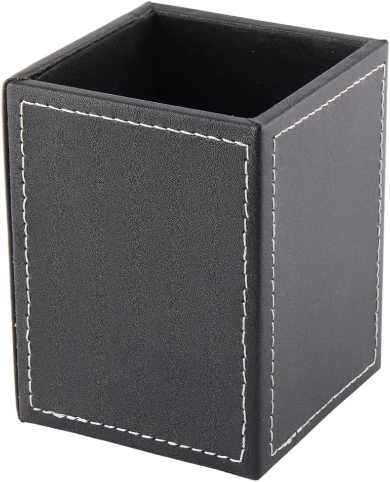 Black PU Leather Pencils Cup Container Square Leather Pens Holder Multifunctional Desktop Caddy Stationery Office Accessories Makeup Brush Stroage Case Box for Desk Office Supplies