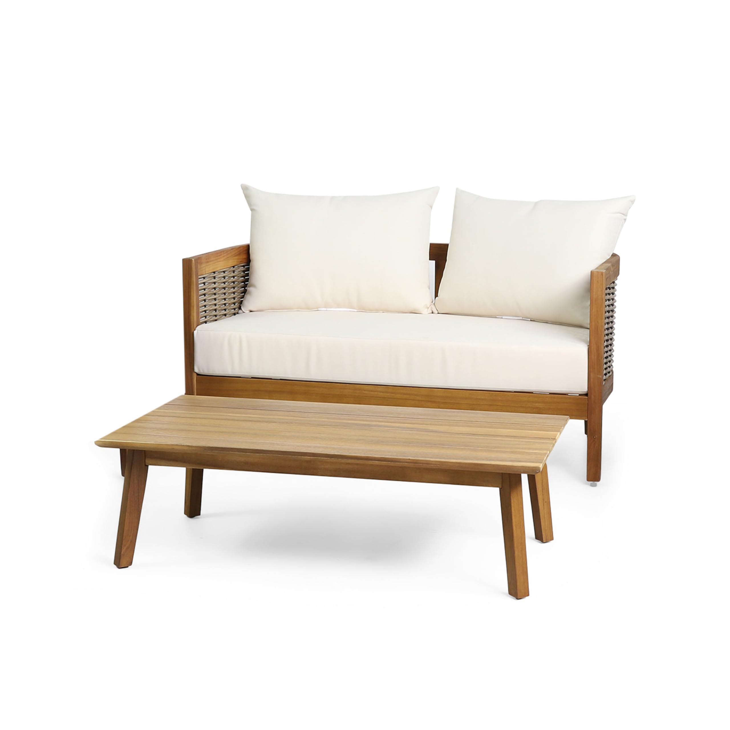 Kayiz - Juego de conversación de madera de acacia para patio, sofá biplaza al aire libre con mesa auxiliar, grupo de asientos para terraza de patio, detalles de ratán de 3