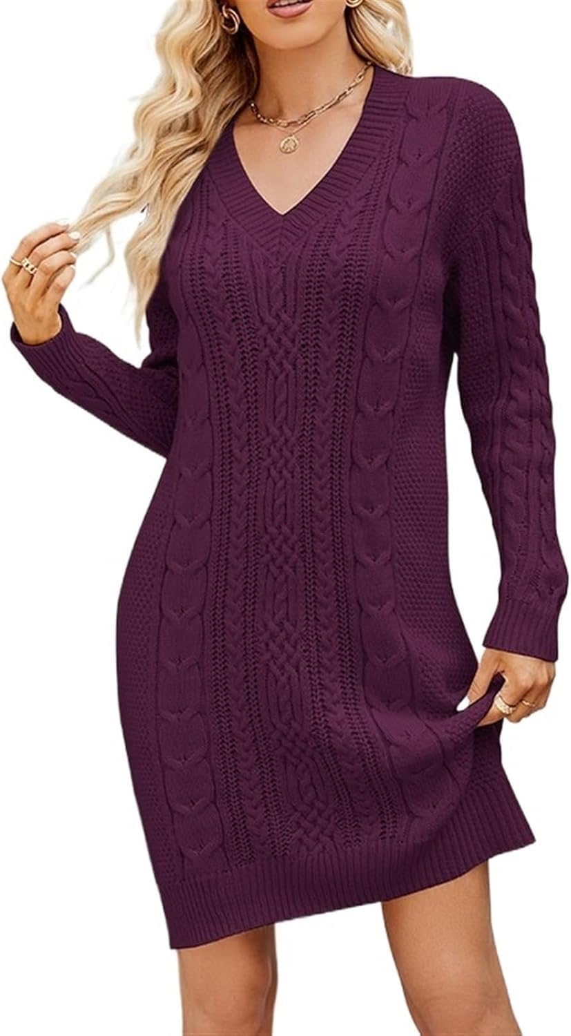 Elegancka Damska Sukienka Sweterkowa Z Długim Rękawem, Dekoltem W Serek, Luźny Krój, Dzianinowe Sukienki Koktajlowe W Jednolitym Kolorze, Purple, M
