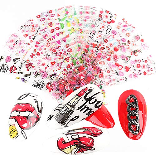 Maiousu Store 10 Sheets Holographic Nail Foil Transfer Sticker Set,Valentine's Day Nail Art Stickers With Heart,Flowers,Red Lips Romantic Rose Nail Art Supplies For Diy Nail Art #TOP3