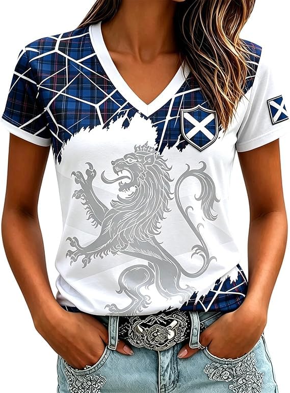 Scotland Fan Football Shirt Womens World Cup 2026 Short Sleeve Jersey Retro Graphic Printed V-Neck England Football Top Ladies Scotland T-Shirt Lightweight Fashion Summer Sports Clothing