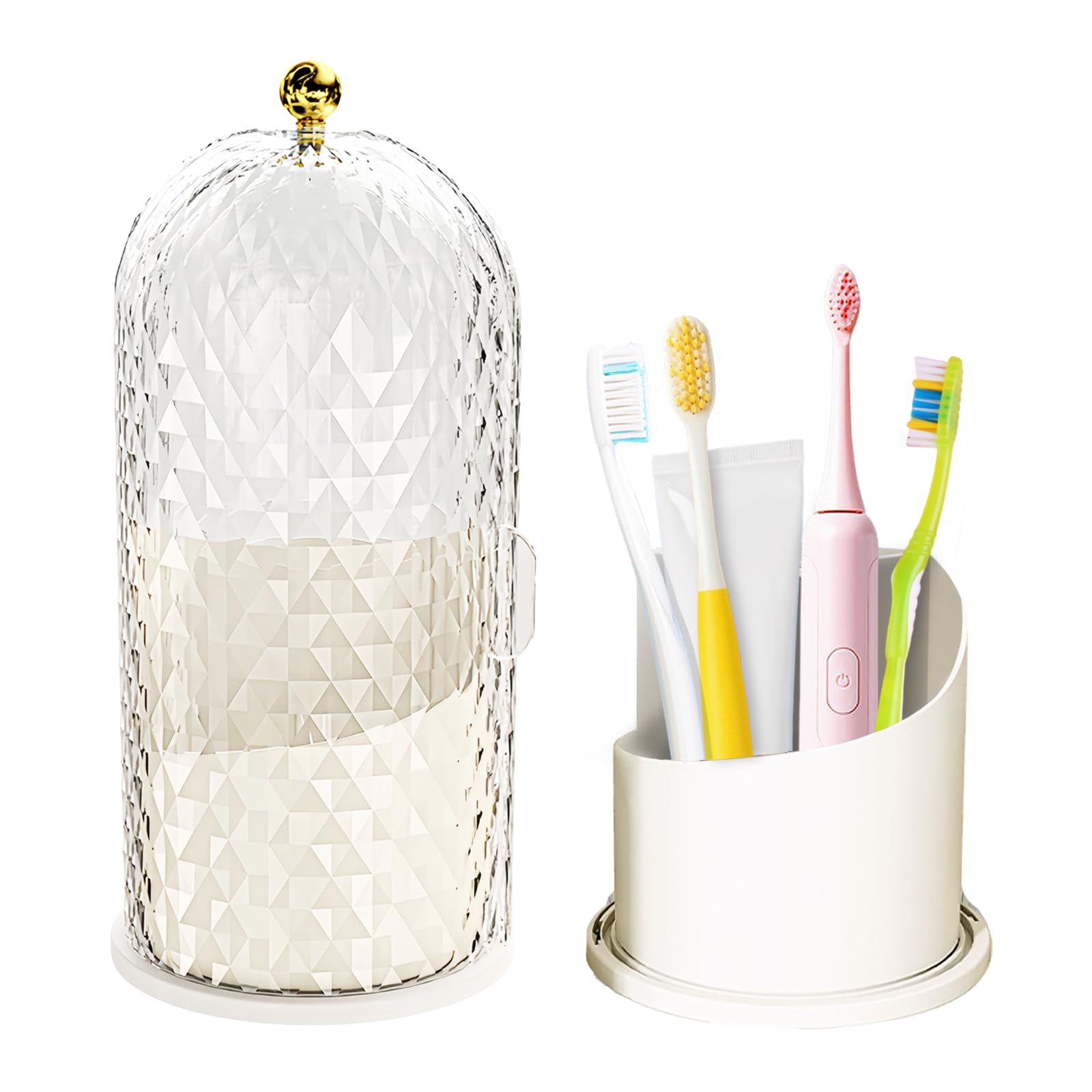 Multifunctional Rotating Toothbrush Holders with Sliding Lid, The 3-Slot Bathroom Countertop Vanity Organizer Perfect for Tooth Brush, Toothpaste, and Makeup Brushes Holder Storage (White)