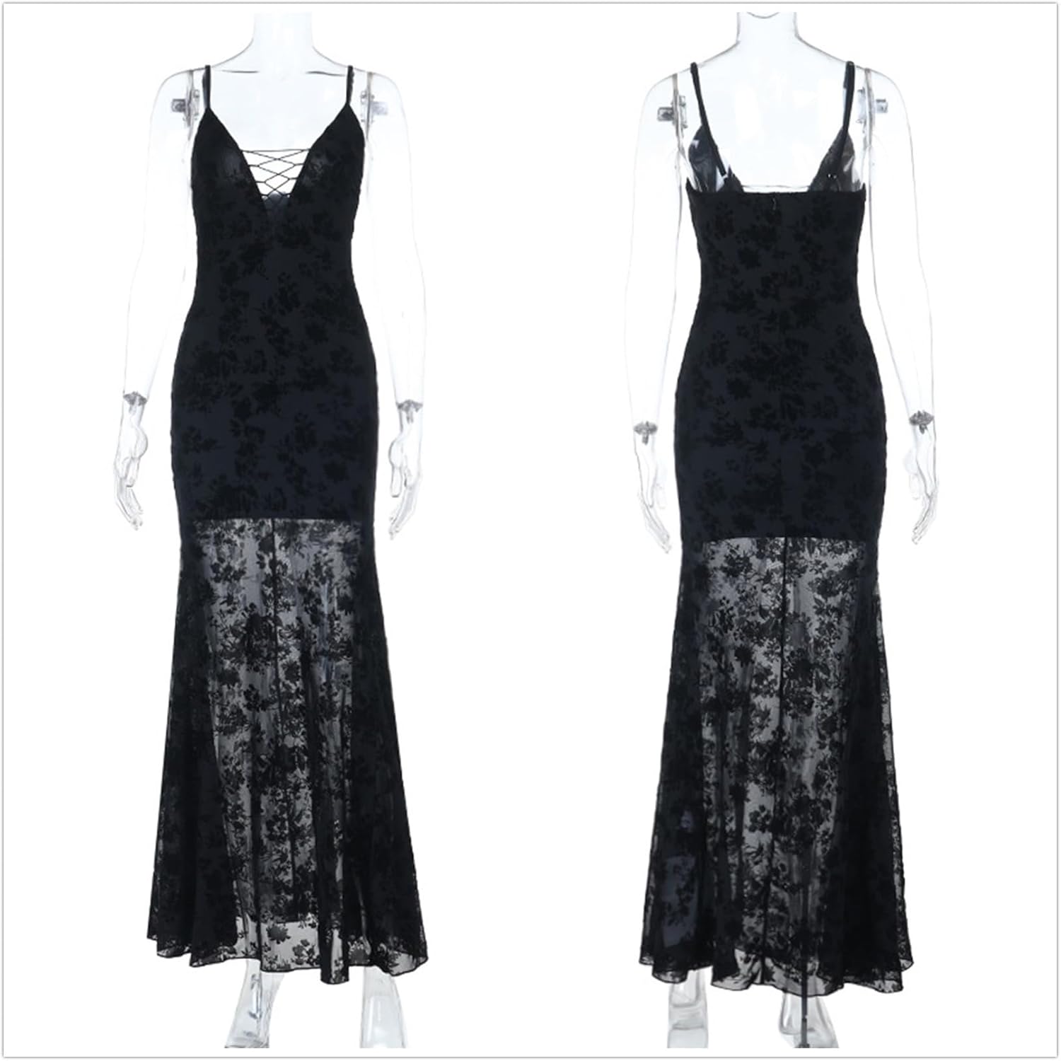 Women Witchy Cami Deep V Neck Long Maxi Dress - Goth See Through Floral Open Back Medieval, Business Vacation