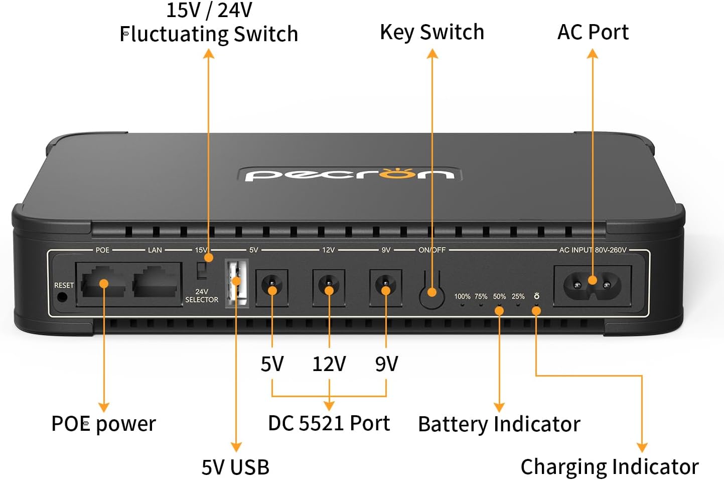 Labeled diagram of the Pecron D77 DC UPS showing all ports and indicators.
