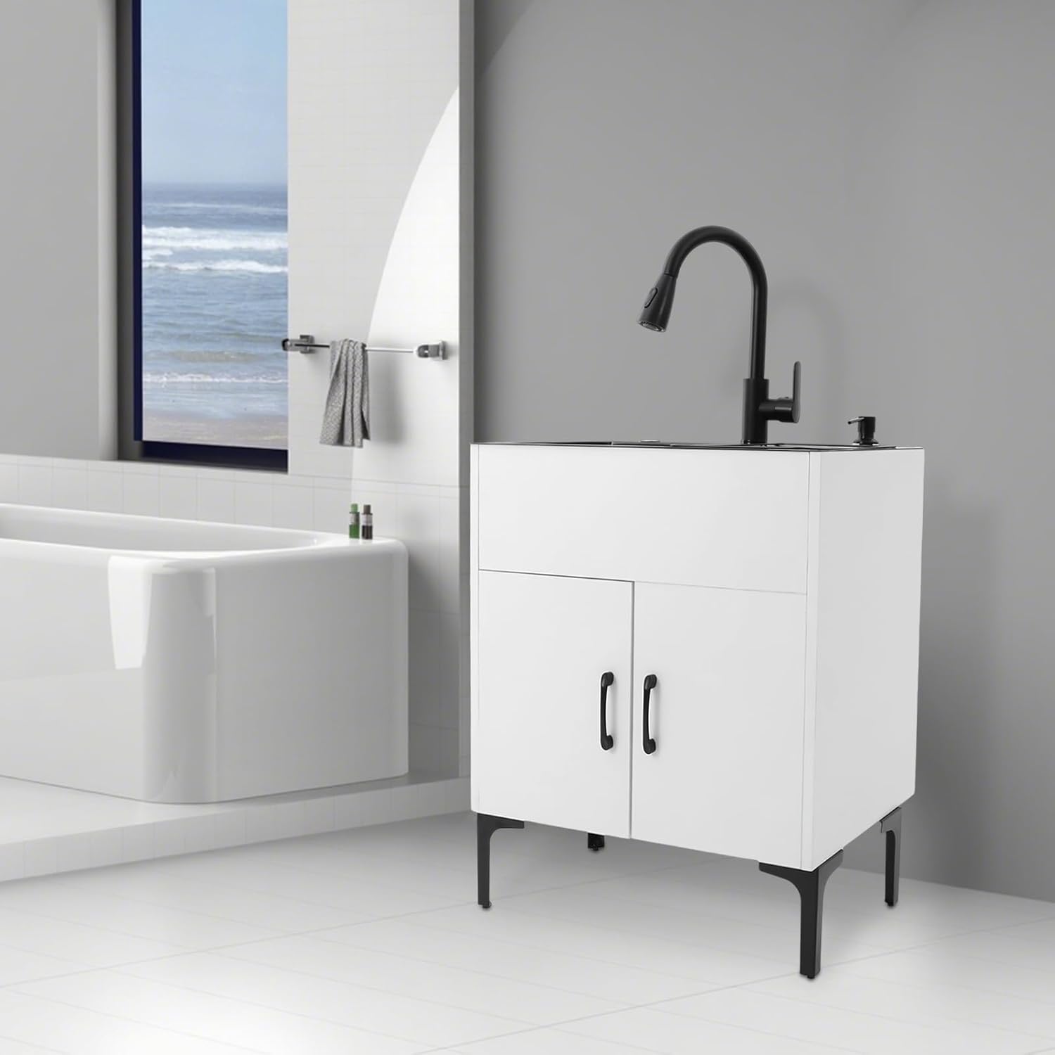 Laundry Sink with Cabinet and Pull-Out Sprayer Faucet, Kitchen Sink Cabinet Stainless Steel w/Draining Basket, Double Kitchen Sink Wash Station Tub for Laundry & Kitchen, Bathroom(24'' White)