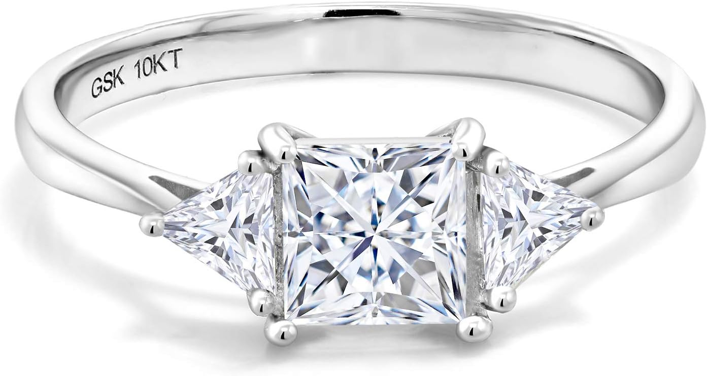 Gem Stone King 10K White Gold White Moissanite Engagement Ring | 1.12 Cttw | Princess Center 5MM | Trillion 3.5MM | 3 Stone Wedding Anniversary Promise Ring For Women