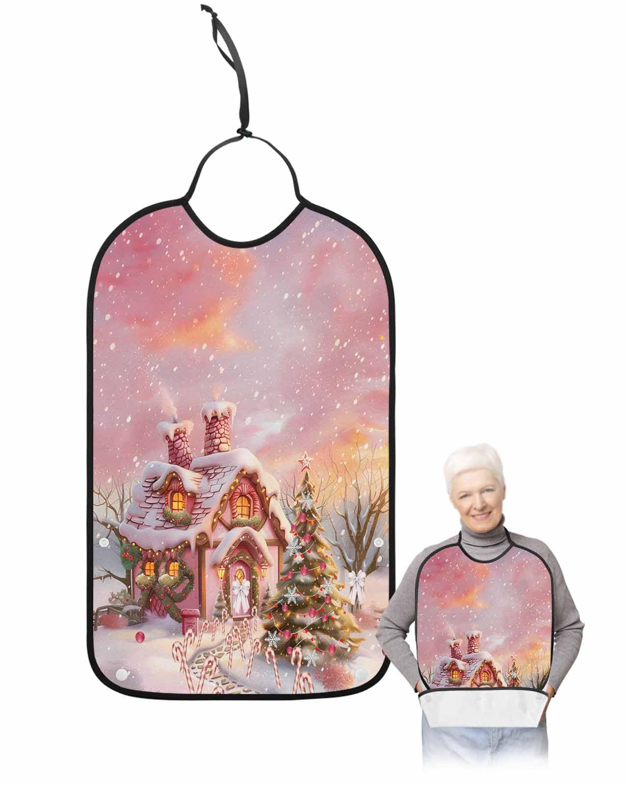 Christmas Adult Bib for Adults Men, Women, Snowflakes Gradient Pink Farmhouse Cottage Washable & Adjustable Terry Cloth Bib with Crumb Catcher Reusable Waterproof Clothing Clothes Protector Apron