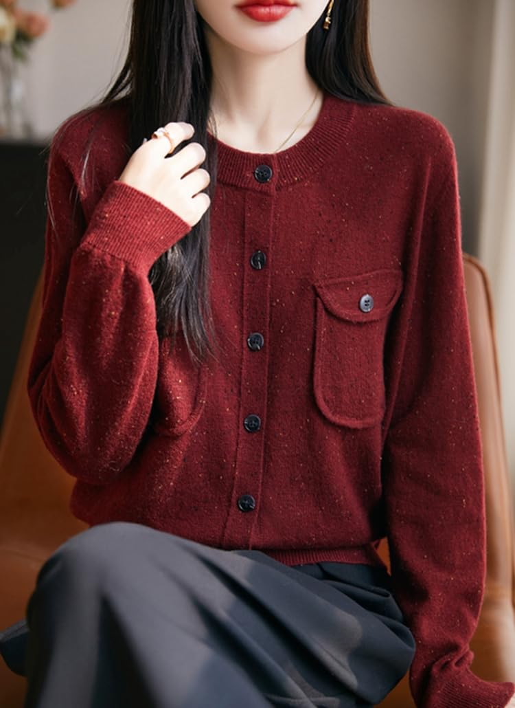 Jersey de Punto de Punto de Cardigan Mezcla Lana de Mujer, Camisa de Cuello Redondo con Cuello Redondo, Jersey de Punto de Manga Larga con Jersey Casual de Bolsillo Otoño Invierno Chic con