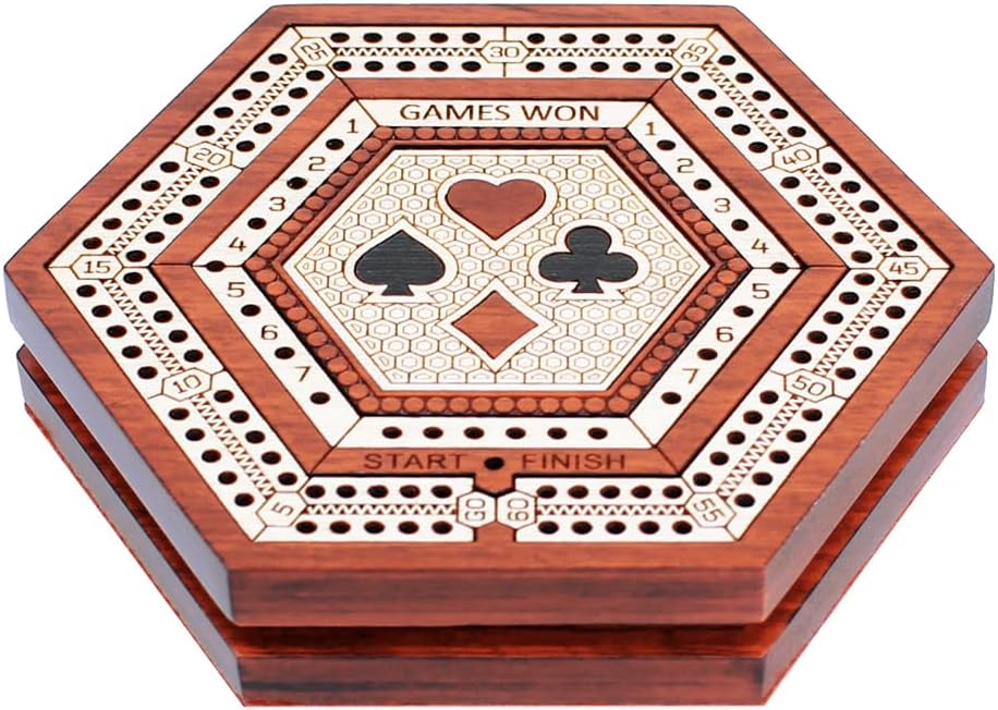 House of Cribbage - 2 Track 60 Points - Hexagonal Shape Pocket Size Wooden Travel Cribbage Board - Size 4 Inch (Bloodwood/Maple Wood)
