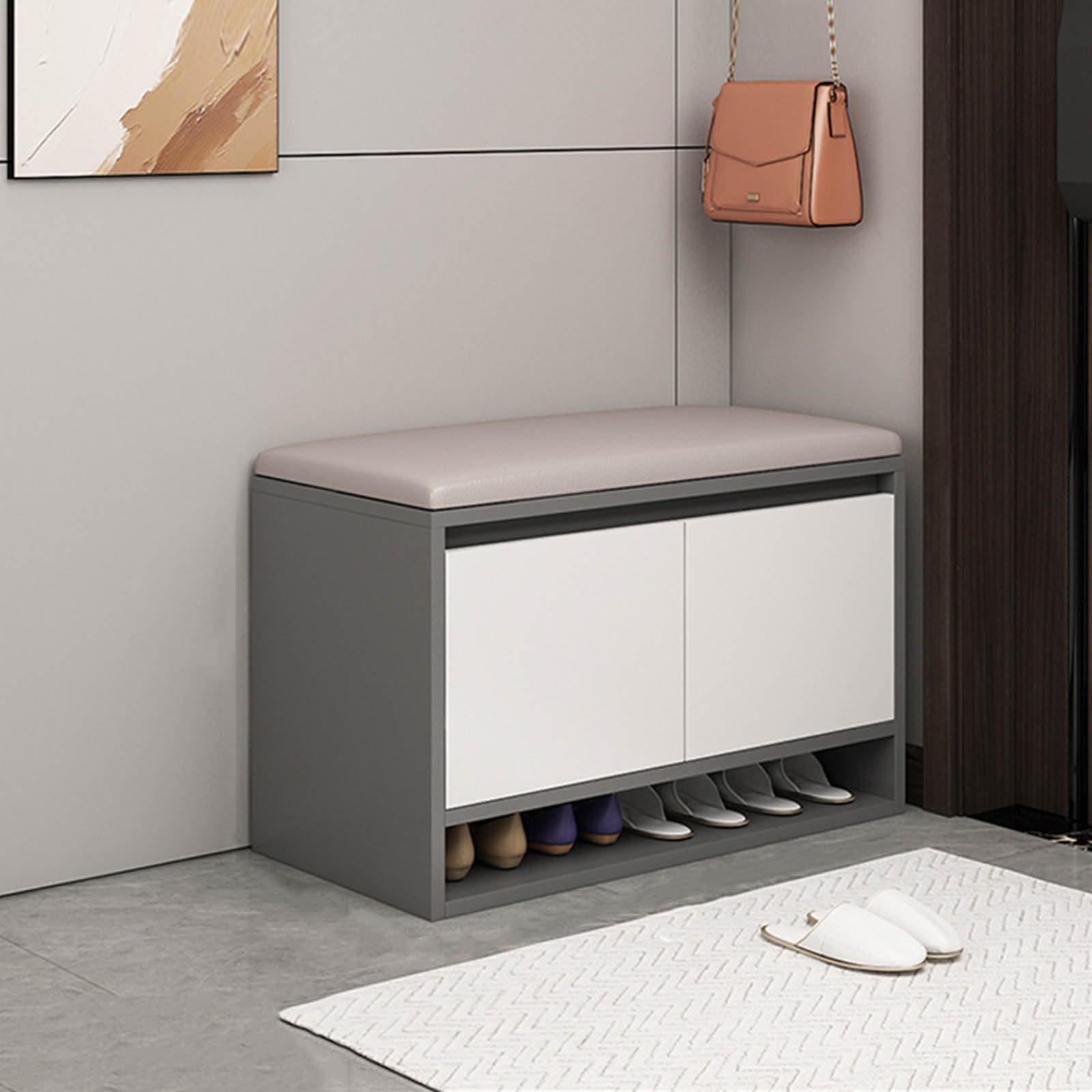 WJFTODAY Stylish Entryway Storage Bench with Leather Cover High Density Foam Padding 3 Tier Shoe Rack for nized Shoes Modern Design for Hallway or Mudroom