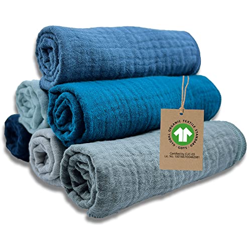 mimaDu Organic GOTS Burp Cloths 25 x 25 cm Organic Baby Face Cloth Baby Muslin Cloth Baby Mini Muslin Cloths for Baby Care, Small Towels 100% Organic Cotton Super Soft and Absorbent (Ocean)