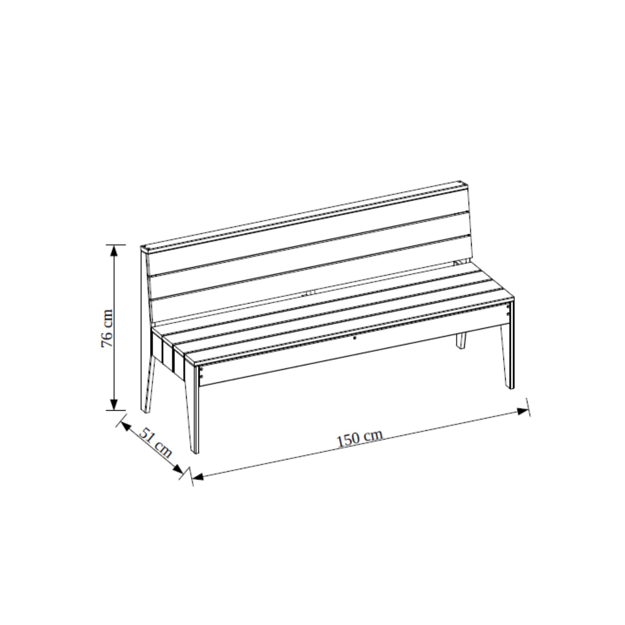 Gartenbank 150 cm aus FSC/PEFC Holz, 3 sitzer, wetterfeste Sitzbank mit Rückenlehne und schwarzen Beinen, Moderne Balkonmöbel für Terrasse, Eingang, Balkon und Garten