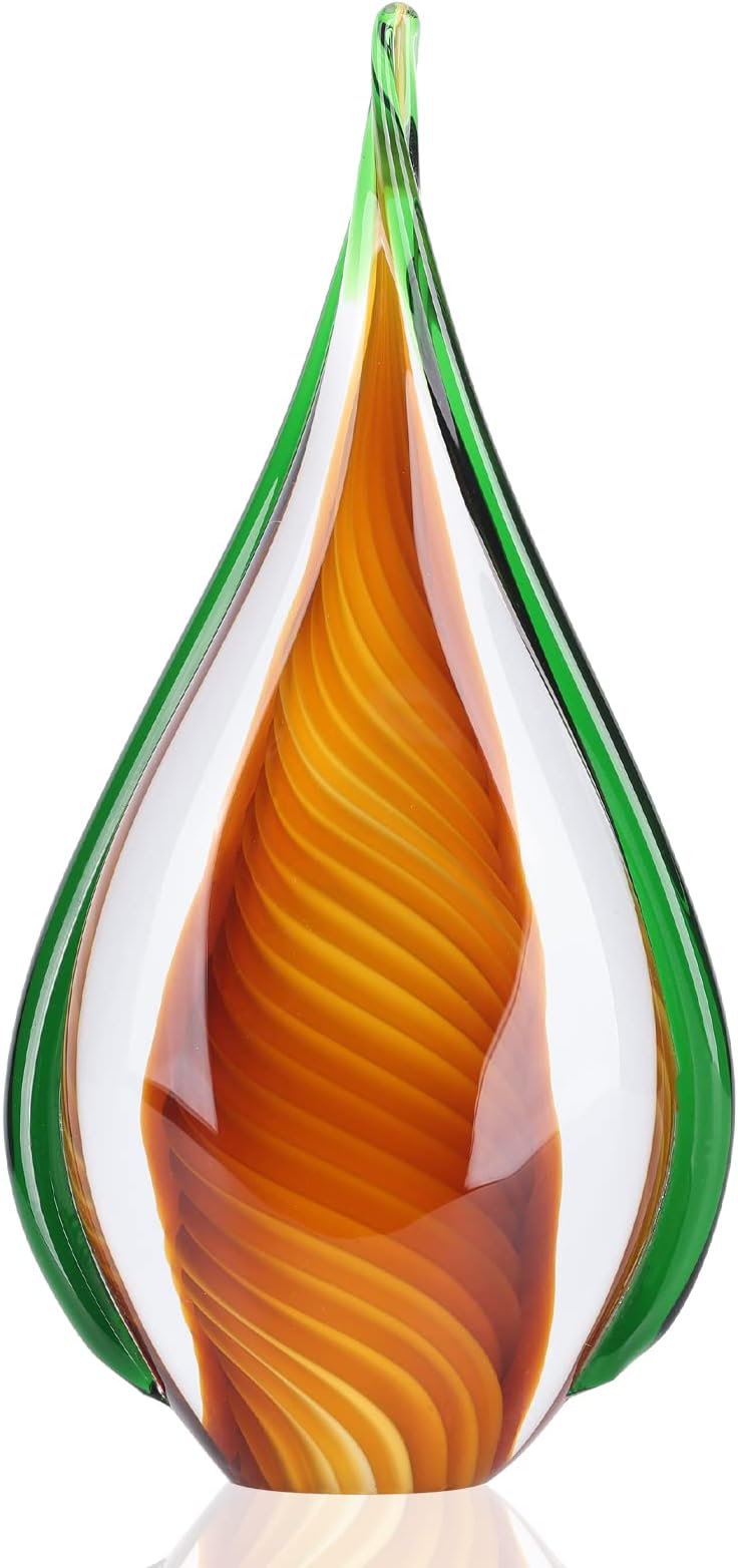 DOVDOV Blown Glass Sculpture, Green and Brown Glass Art Collectible Statue, Unique Teardrop Ornament, Suitable for Office, Bookshelf, Dressing Table, Living Room Coffee Table, or Mantelpiece Display.