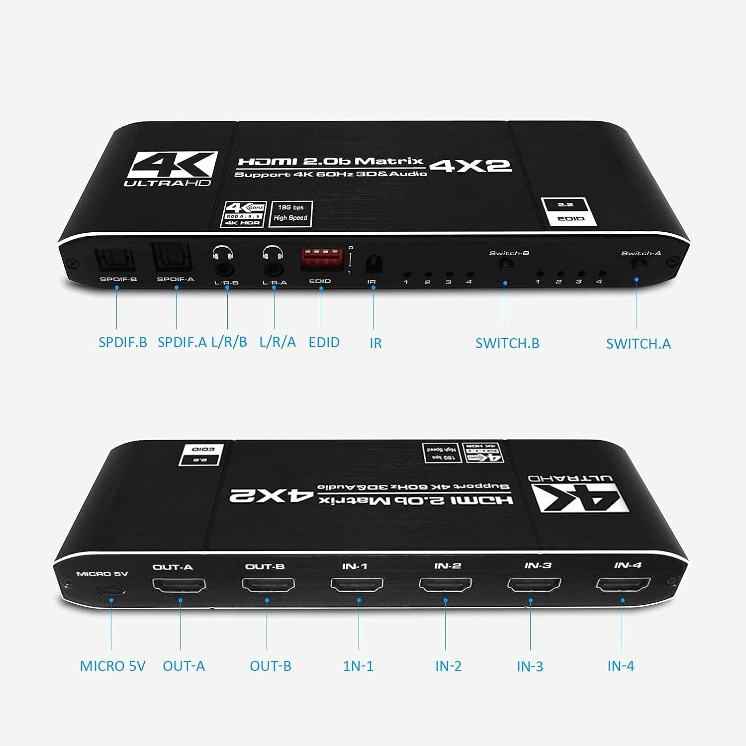 Frее Shірріng Ovеr $50 VSVABEFV 4K HDMI Switch 4 in 2 Out Matrix Video Switcher Splitter with IR Remote Control and Power Adapter Support 3D 1080P HDCP 2.2 4K@60Hz0