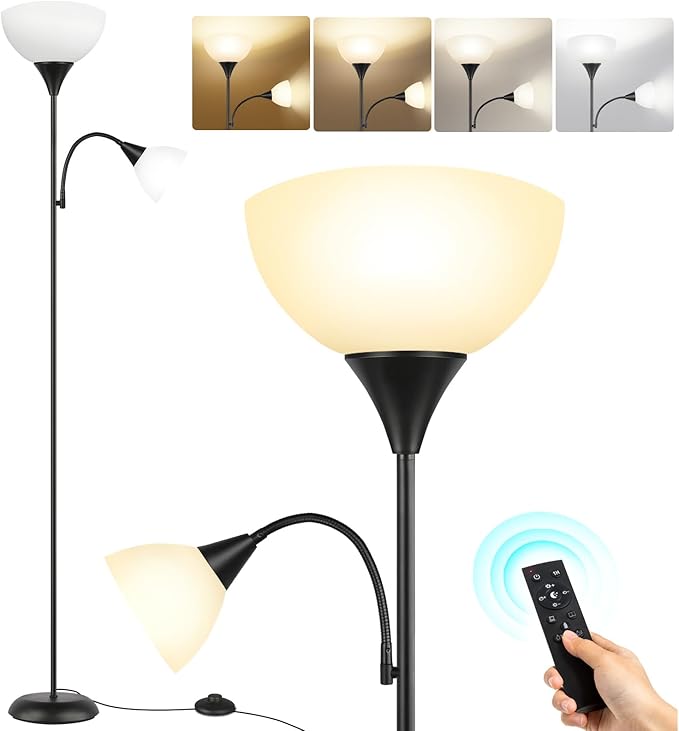 OUTON OUTON LED Vloerlamp voor Woonkamer met Leeslamp, Dimbare Uplighter, Staande Lamp met Afstandsbediening, 4 Kleurtemperaturen, 1U Timer, Geheugenfunctie en 9W Lampen, voor Kantoor en Slaapkamer (Zwart)