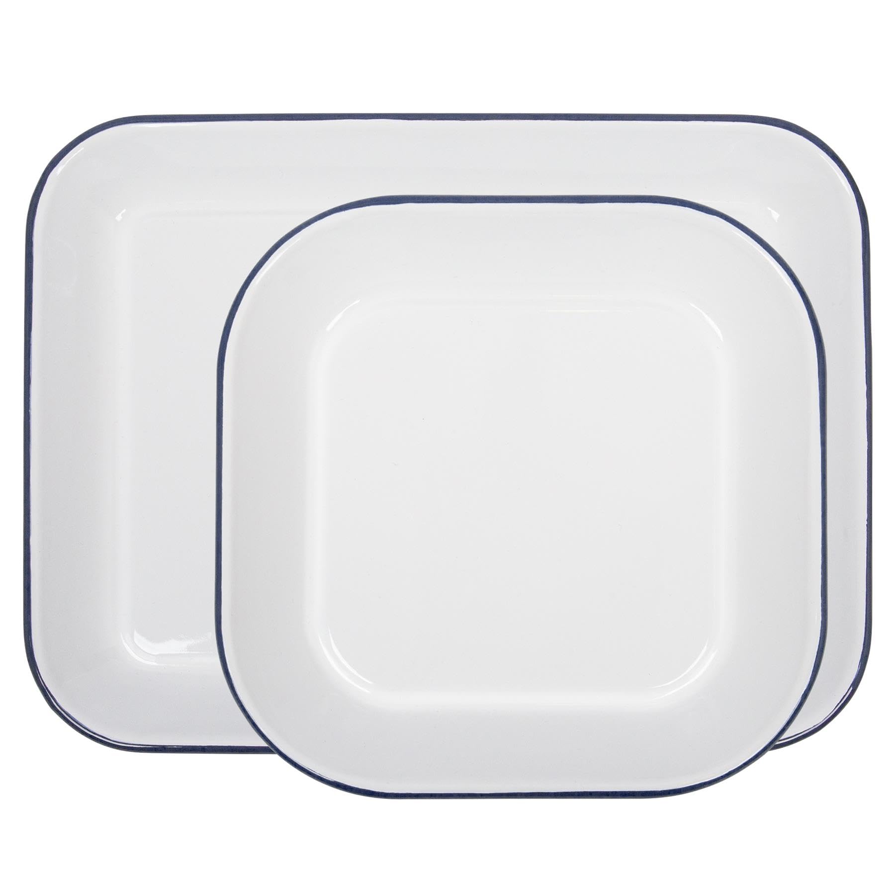 Argon Tableware 2 Piece Baking Tray Set - Blue Rim - Lightweight Metal Rectangular Enamel Oven Tray Kitchen Bakeware Flat Cooking Pan for Roasting, Baking