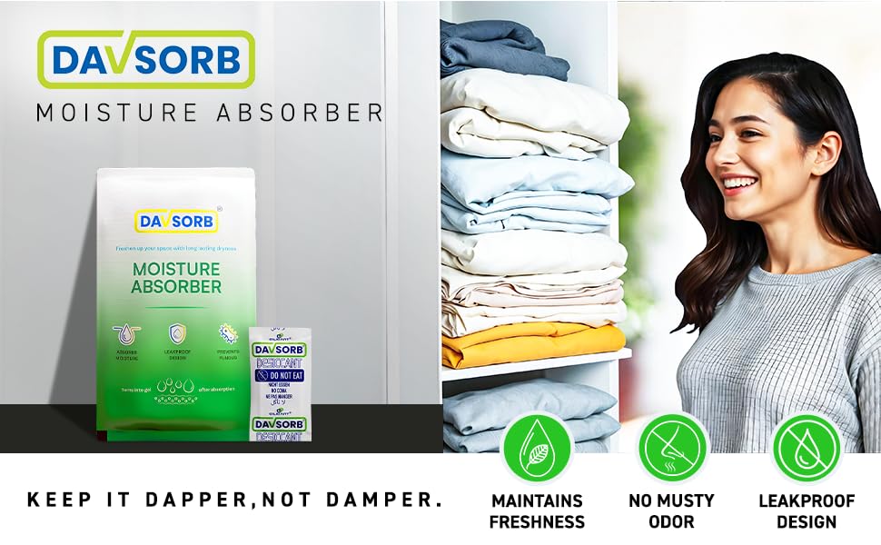 Image of DAVSORB Moisture Absorber Dehumidifier Packet - Combo Pack of 5gm x 40 sachets + 50gm x 5 sachets + 100gm x 3 Sachets - Prevent Fungus, Dampness & Musty Odour - Multisize, White Color