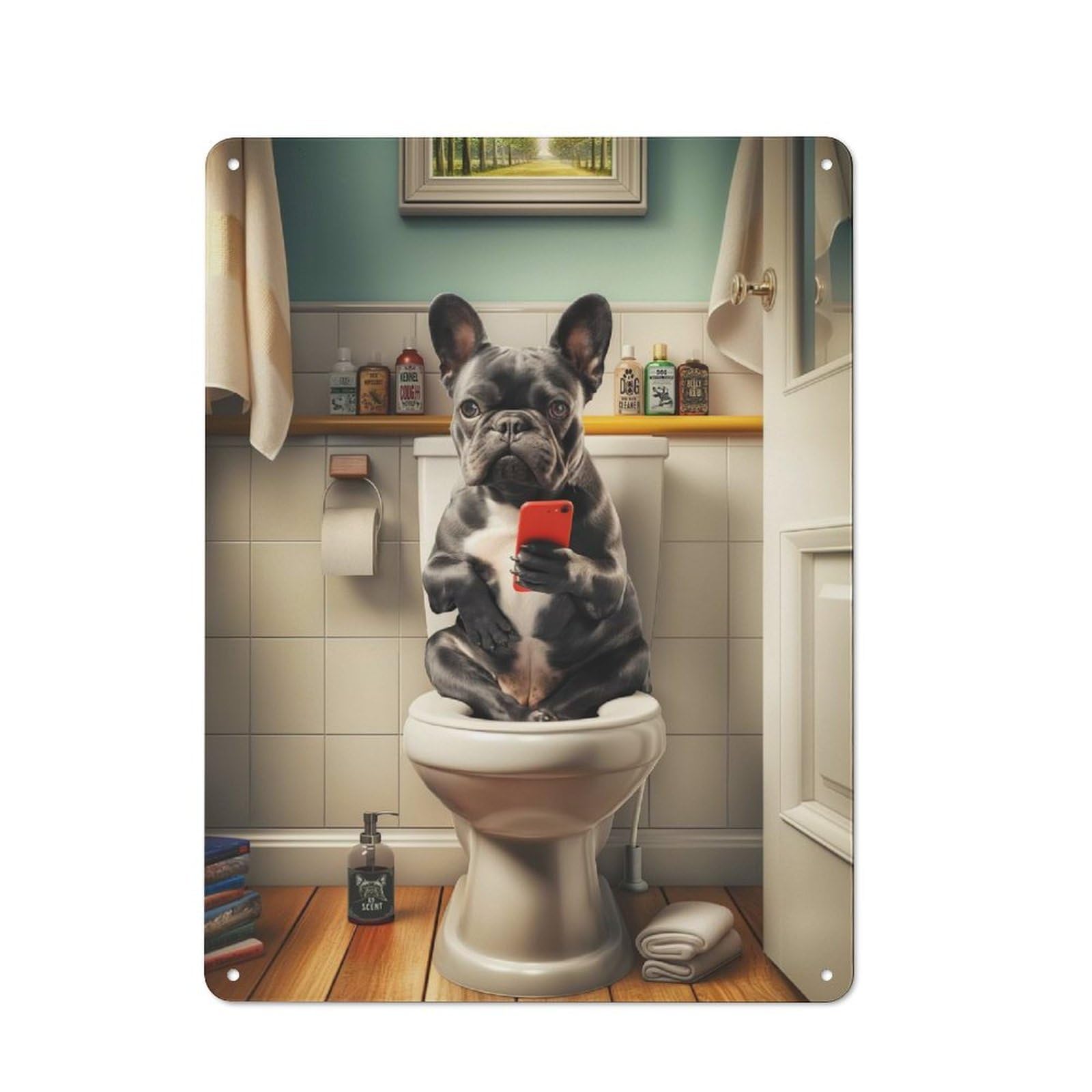 For Café Or Restaurant, French Bulldog on Toilet Vintage Metal Sign 40x30cm, for Vintage Wall Decor Fans, for Cafés, Pubs And Restaurants