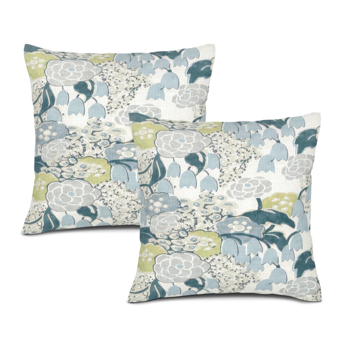 Texsource Blue/Grey/Green Set Of 2 18X18inch Throw Pillow Cover Home Decorative Square French Flower Check Boho Cushion Covers Cotton Linen Home Decor Chinoiserie Pillow Cover