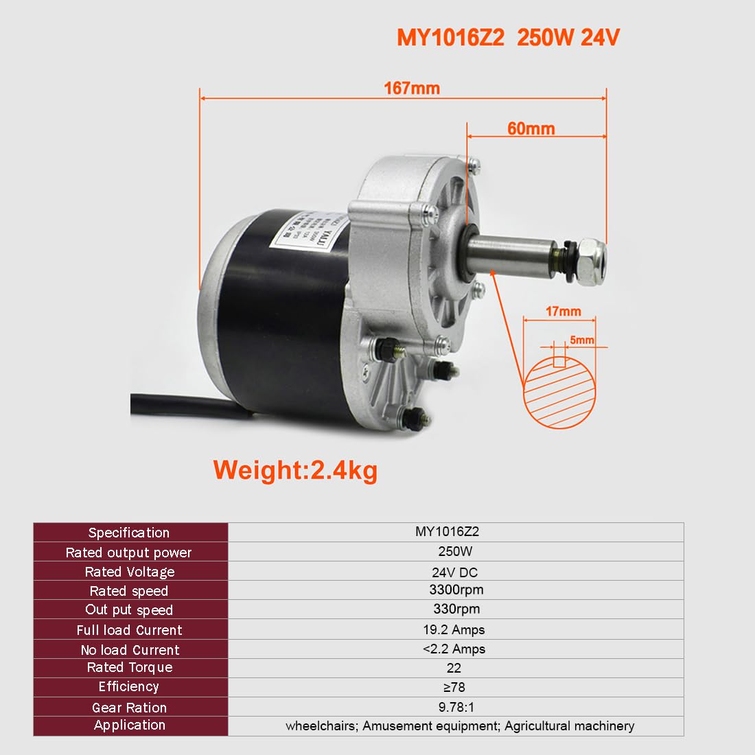 L-faster My1016z2 250W 24v 60mm Eje Largo Motor de Cepillo de Silla de Ruedas de Baja Velocidad