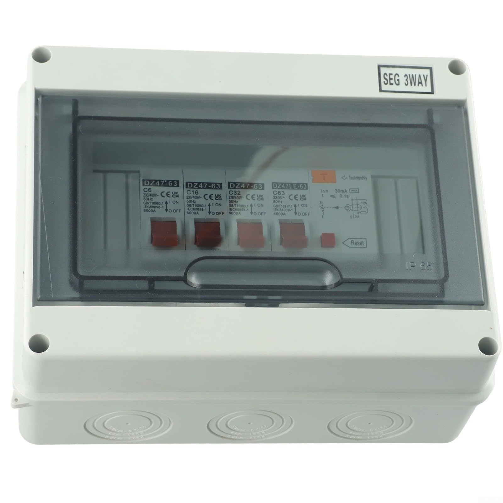 Contador de consumo de 3 vías IP65 con para rcd y 3 x MCB para garaje | Plástico ignífugo, 63 A, 230 V, protección contra cortocircuitos, para garaje, caravana, taller