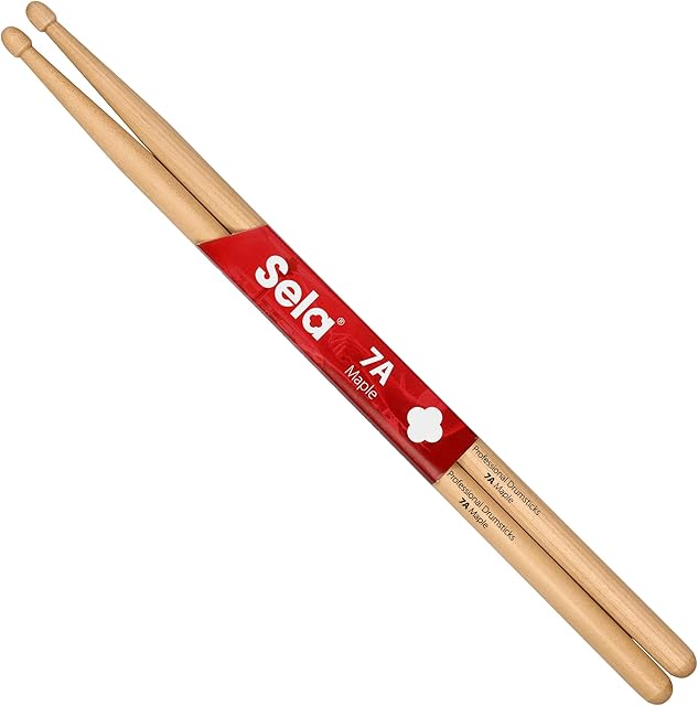 Sela Professional Maple 7A Drumsticks - Ideal for Gentle Rock - Advanced Drum Sticks - 1 Pair of Wooden Sticks - Maple Wood Drum Accessories - Acorn Head Shape, Natural, SE 274