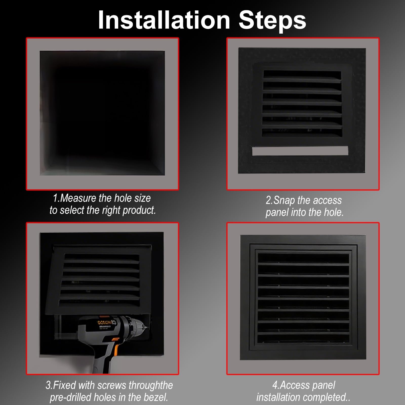 Panel de acceso de aluminio negro duradero for respiraderos de gas, con rejilla de ventilación for áticos con rejilla y mosquitera for casas y cobertizos.(17.7x15.7in)