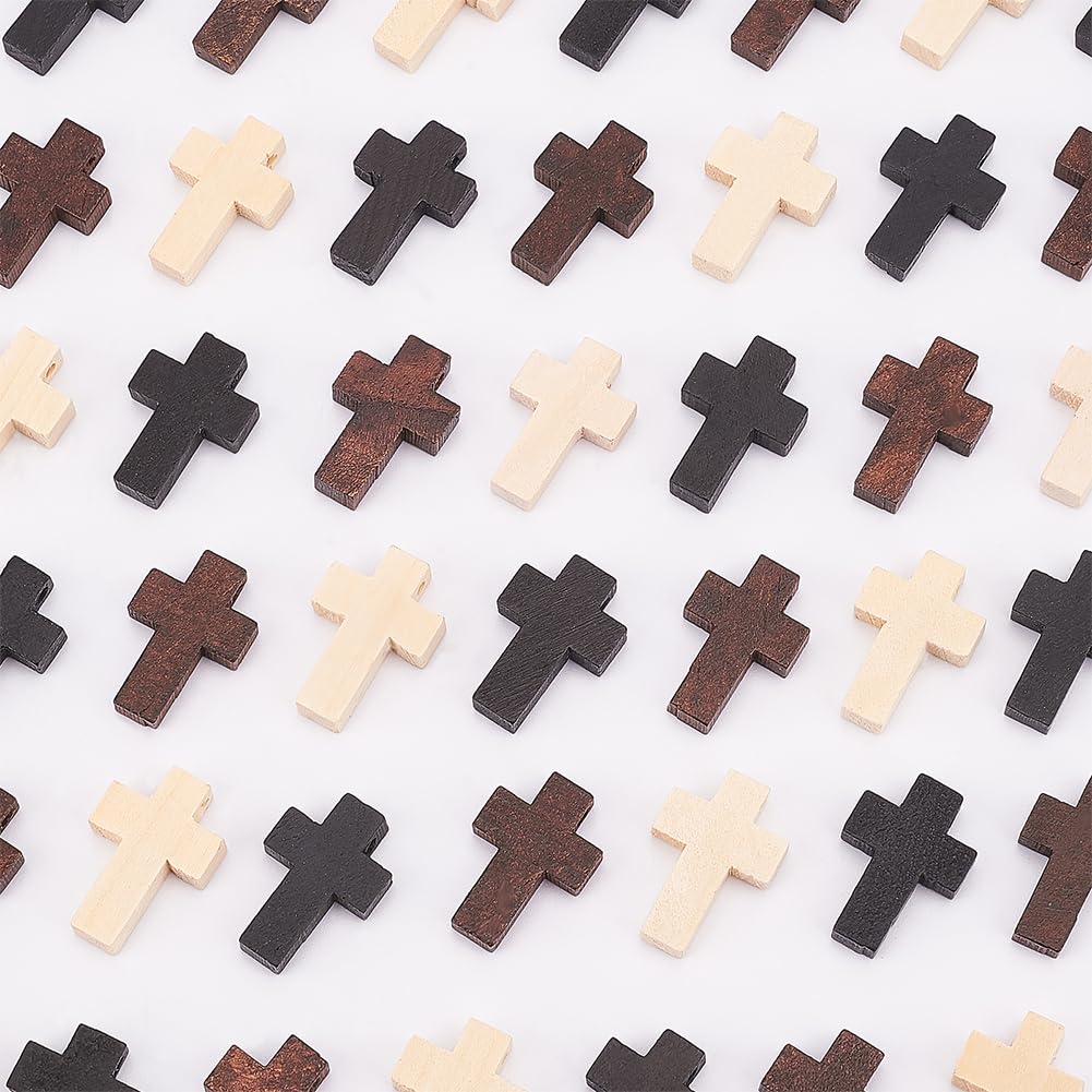90 Croix En Bois Pour Bijoux - 3 Couleurs, 22x15mm, Avec Fil De Cire Noir 10m - DIY, Cadeaux Religieux
