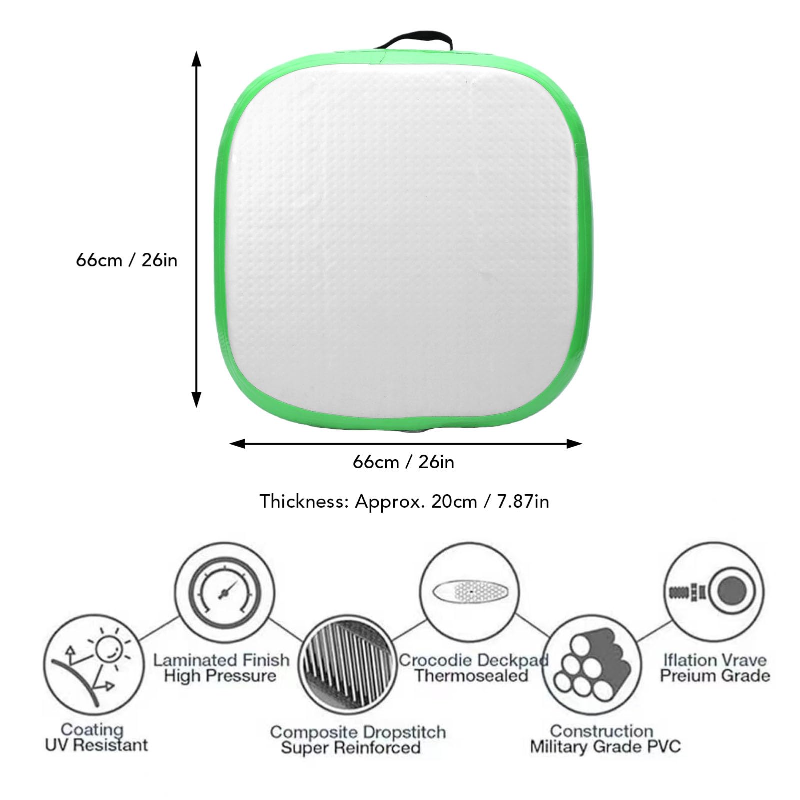 VGEBY Tappetino Gonfiabile Cuscino da Meditazione in PVC 66x66 Cm Tappetino Pilates Pieghevole a Gonfiaggio Rapido Spessore 20 Cm con Pompa e Valvola per Palestra, Casa, Spiaggia, Yoga, Allenamento