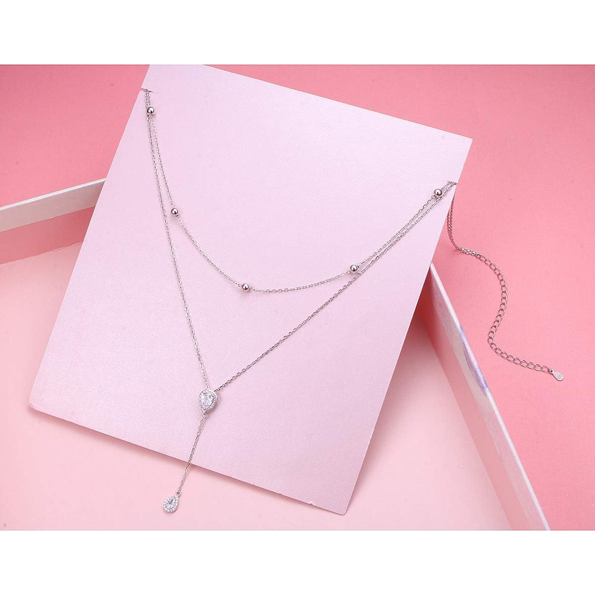 Collana girocollo a strati S925 in argento sterling regolabile multistrato goccia pendente Y Lariat perline collana gioielli regali per donne ragazze, 16+18+3 Zoll, Argento sterling, Zirconia cubica