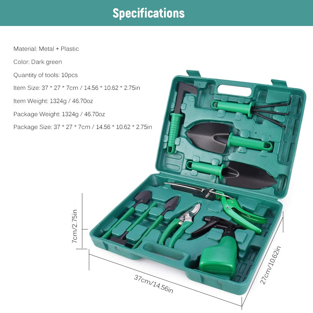 Set di attrezzi da giardino da 10 pezzi in acciaio inox con valigetta organizer, set da giardinaggio ad alte prestazioni con cesoie da giardino, rastrello, pala grande e piccola, spruzzatore, forbici