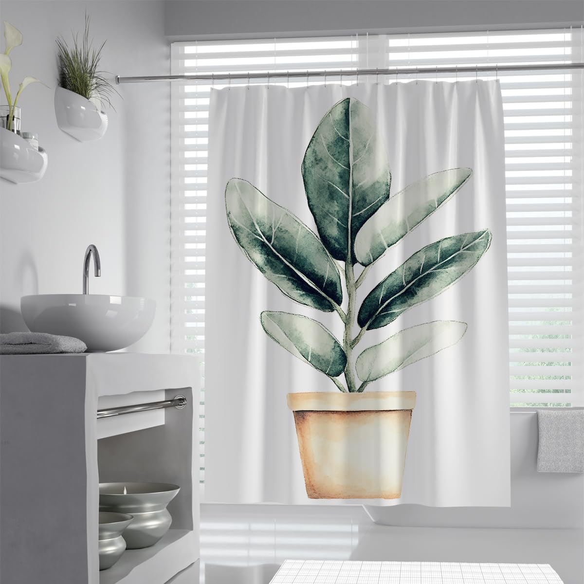 UIRINGART Minimalist Potted Fiddle Leaf Fig Plant Shower Curtain W200xL200cm Nordic Foliage Pattern Fabric Water Repellent Anti Mould Bathroom Curtain For Tub