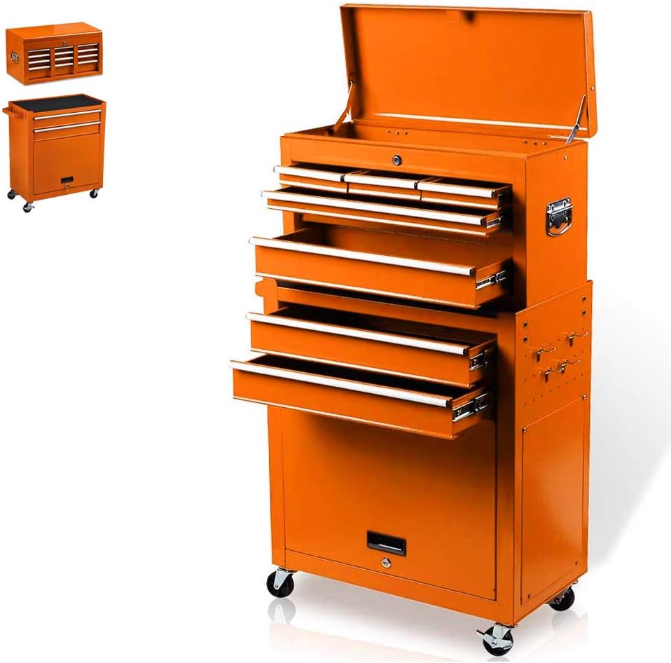 8-Drawer Rolling Tool Box, Rolling Tool Chest with Drawers and Wheels, Tool Storage Cabinet with 4 Swivel Wheels (2Pcs with Brake), Keyed Locking System Tool Organizer (Orange)