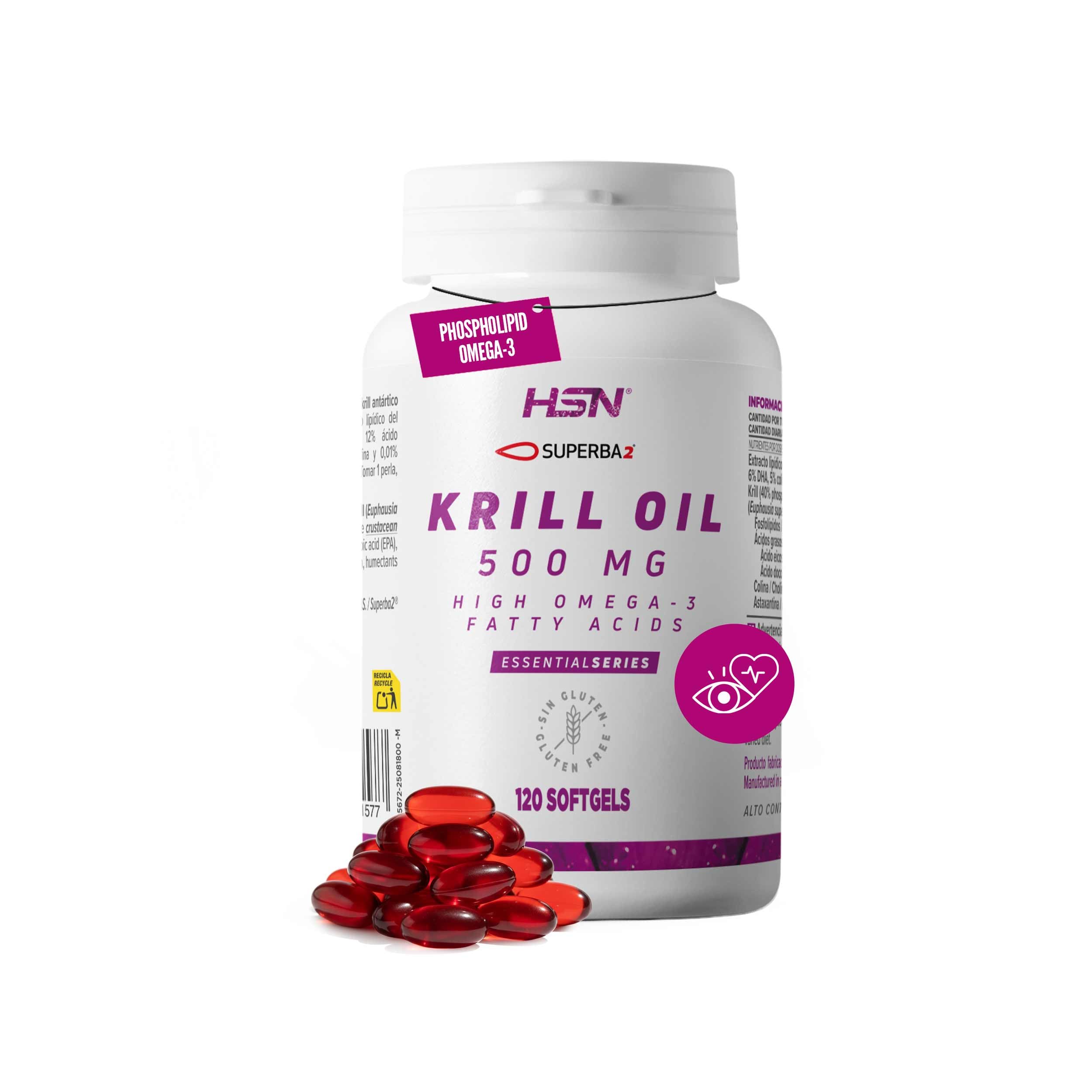 HSN Olio di Krill Omega 3 500 mg Superba2 | 120 perle | Alto contenuto di fosfolipidi (40%) | EPA e DHA per cuore e cervello | Krill Antartico di origine controllata | Senza glutine