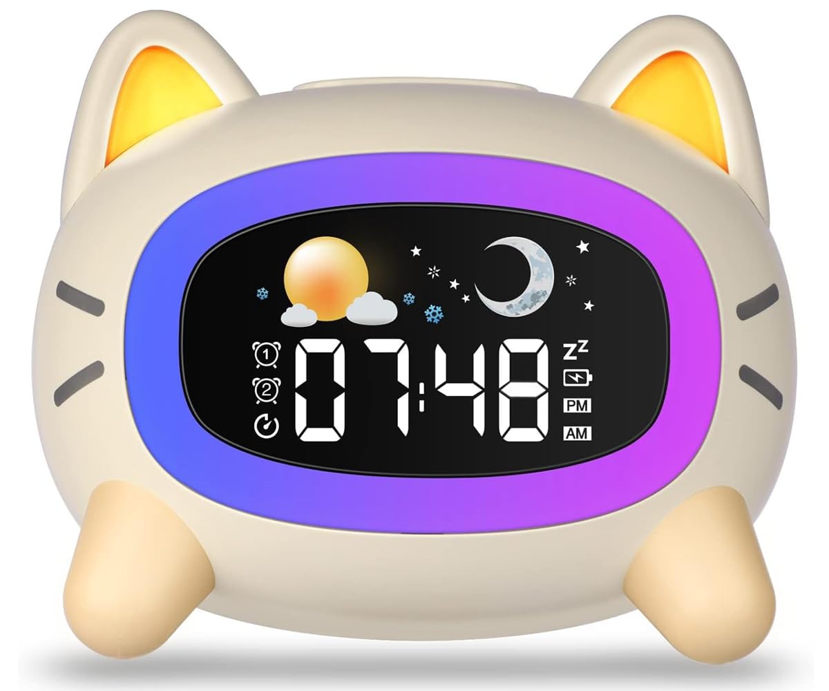 GePavinDa 子供 目覚まし時計 こどもめざましとけい キッズ用 猫の形 睡眠訓練 音声制御 ナイトライト スヌーズ機能付き usb充電式 日本語説明書付 (オフホワイト)