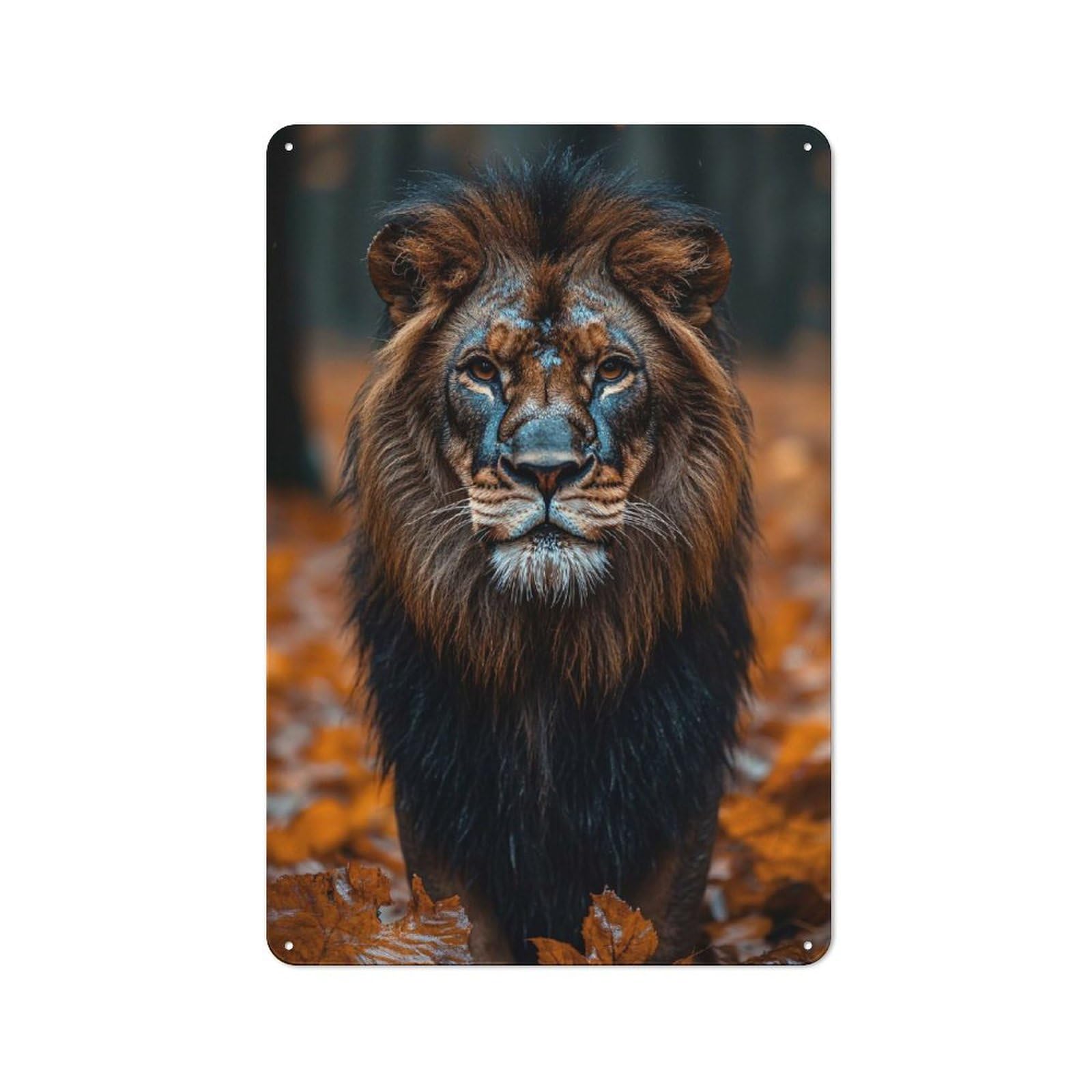 Junmoney Style-15 Majestic Lion Portrait In Autumnal Setting Tin Wall Plaque 30X20cm, Barn Style Rustic Kitchen Decor For Farmhouse Kitchen, Pantry Or Dining Area